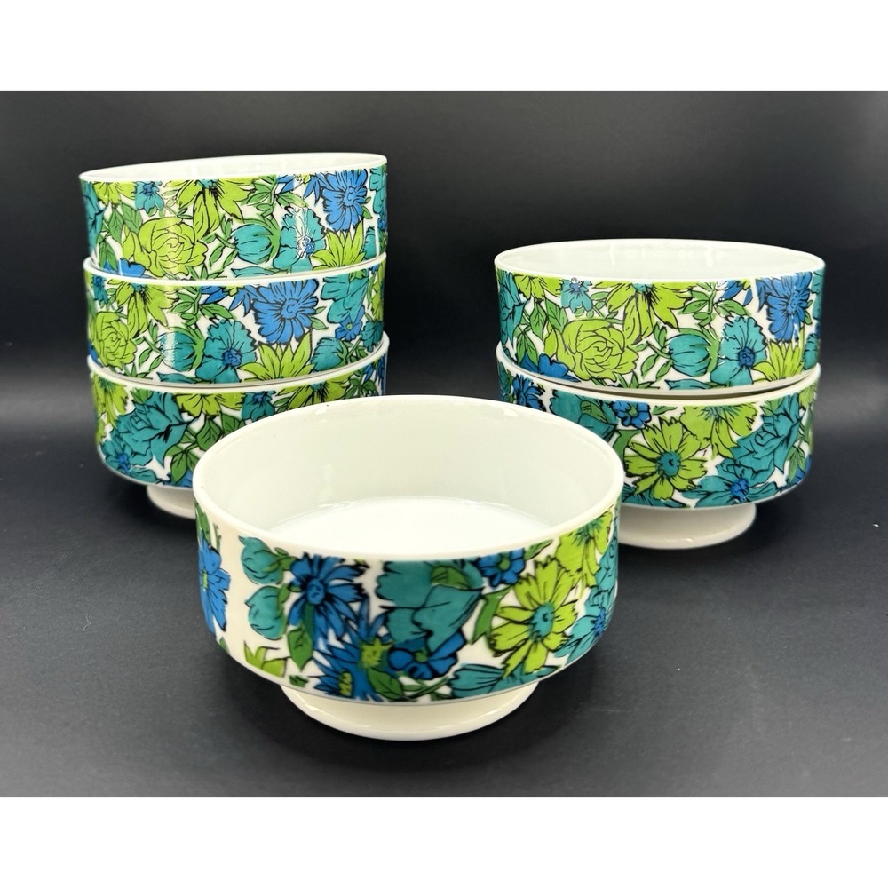 Vintage Holt Howard 1966 Set 6 Floral Pedestal Bowls Blue Green Mod MCM Flower